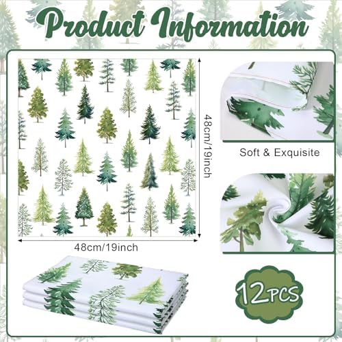 Maxdot 12 Pcs Christmas Cloth Napkins 19 x 19 Inch Happy Xmas Party Decoration Dinner Washable Fabric Napkins Gifts(Christmas Trees)