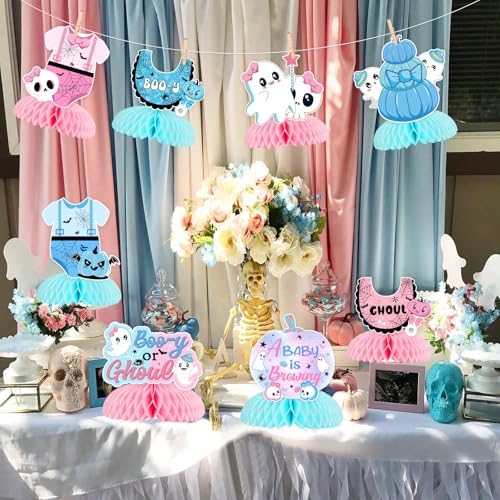 Halloween Gender Reveal Decorations 8pcs Halloween Gender Reveal Honeycomb Centerpiece A Baby is Brewing Table Decoration Topper Halloween Boo-y or Ghoul Baby Shower Decorations