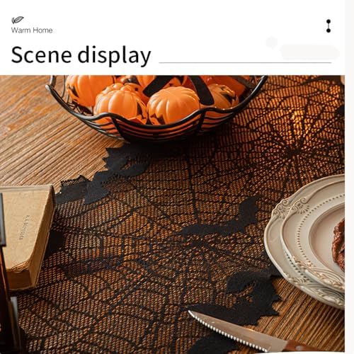 Halloween Table Runner - Black Lace with Spider Web & Bat Design, Elegant Lace Runner for Halloween Parties, Weddings & Spooky Home Decor (Bat)