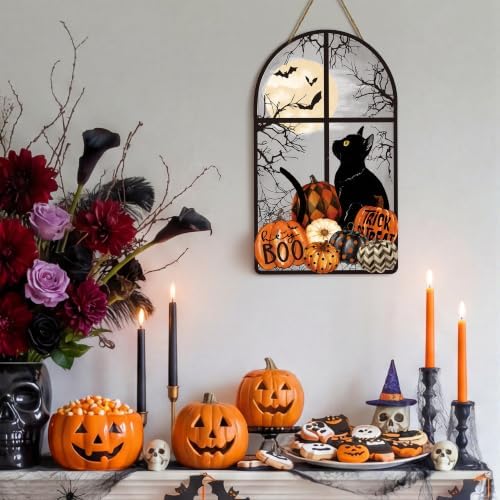 Smile Halloween Wooden Door Hanger with Black Cat