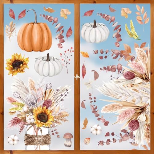 Horaldaily 73Pcs Fall Thanksgiving Window Clings, Harvest Colorful Leaves