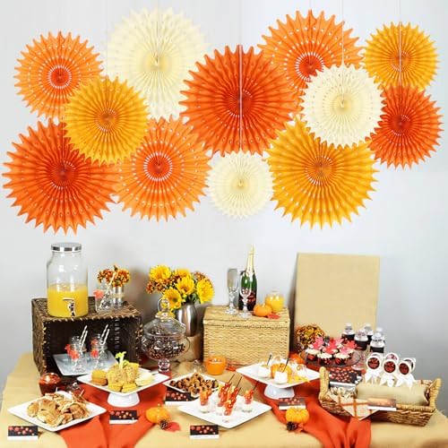 BestoFun 12PCS Orange Paper Fans Fall Party Decorations Tissue Paper Flowers Decorations for Girl Groovy Birthday Baby Shower Wedding Autumn Halloween Thanksgiving Room Wall Hanging Décor