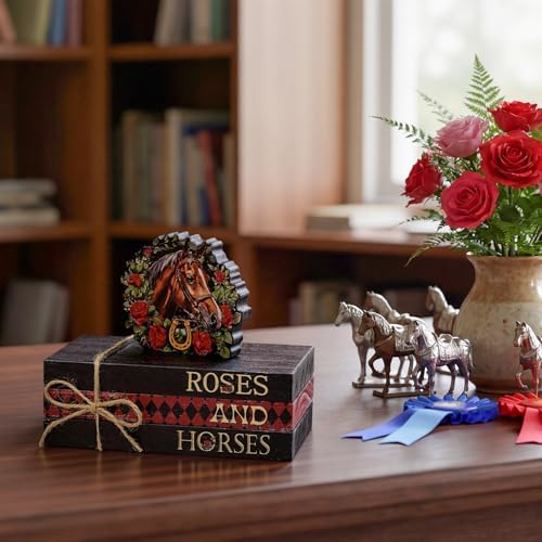 Smile Horses and Roses Wooden Block Decor Set, 4-Piece Horse Head Wreath & Themed Tiered Tray Tabletop Signs for Horse Racing Party Decorations