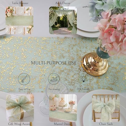 Snowkingdom Sage Green Gold Table Runner 2Pcs 108" Metallic Foil Sequin Glitter Thin Sheer Mesh Fabric Decorations for Wedding Birthday Christmas Party Centerpieces Reception Dining Home Holiday