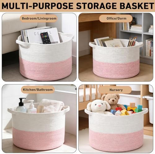 115L Extra Large Pink Woven Cotton Rope Basket with Handles