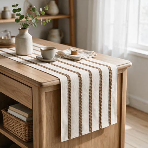 Artoid Mode Light Coffee Farmhouse Woven Stripe Table Runner, Seasonal Holiday Boho Rustic Kitchen Dining Table Decoration for Home Party Decor 12x72 Inch