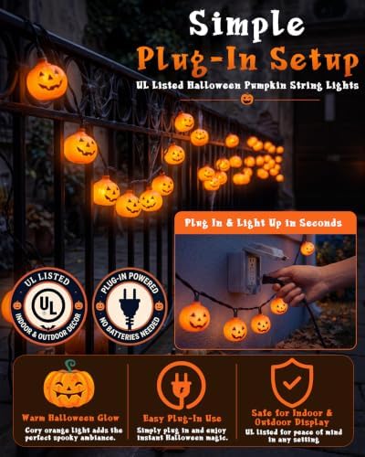 8.5FT Halloween Orange Pumpkin String Lights, Plug-In 10 LED Pumpkins Decor