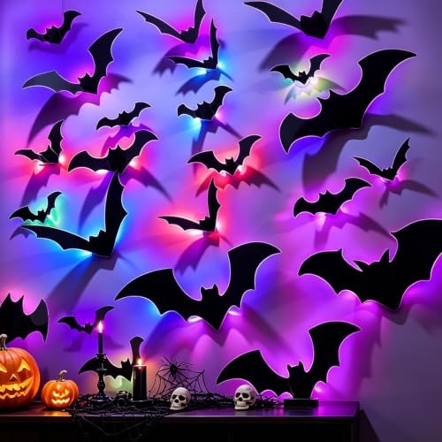 DIYASY 40 Pcs Light up Bats Wall Decor, 3D Halloween Lighted Bat Stickers