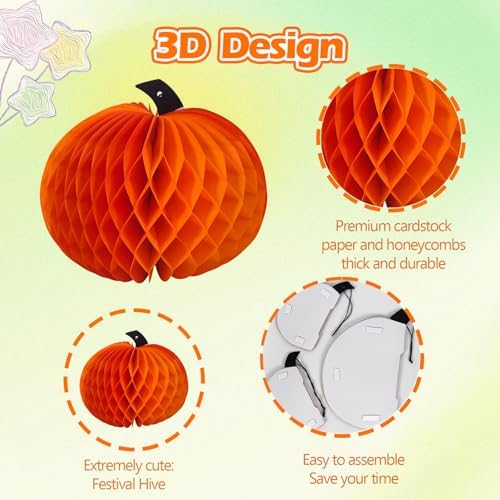 3 Pcs Paper Pumpkin Honeycomb Centerpieces for Tables, 3D Paper Hanging Pumpkin Party Decorations for Thanksgiving Fall Festival Party Supplies