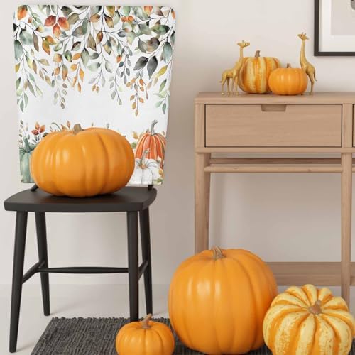 Fall Chair Covers Set of 4 Sage Green Pumpkin Chair Slipcover Protector Removable Stretch Chair Covers Autumn Eucalyptus Leaves Thanksgiving Chair Back Covers for Dining Chairs Kitchen Holiday Party