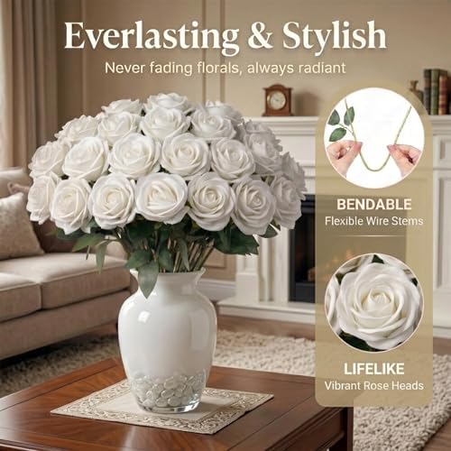 60 Pcs White Velvet Artificial Roses Flowers Real Looking Silk Faux Roses Bulk Long Stems for Wedding Centerpieces,DIY Floral Arrangements,Home Decor,Anniversary,Valentine's Day