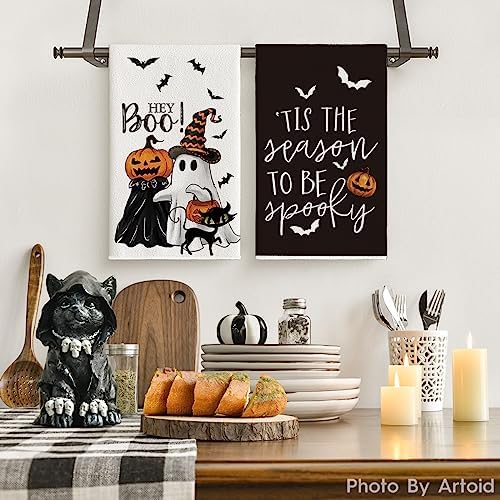 Artoid Mode Ghost Cat Halloween Kitchen Towels Set of 2 18x26 Inch