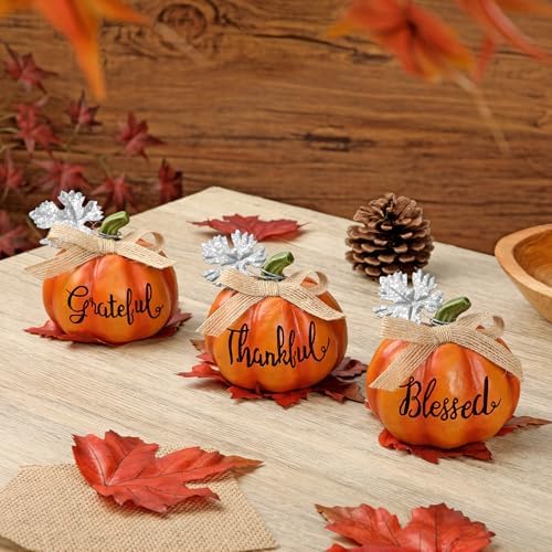 Fall Pumpkins Decoration 3Pcs Resin Pumpkins Thanksgiving Fake Pumpkin Figurines Mini Carved Pumpkin for Home Harvest Halloween Thanksgiving Rustic Farmhouse Table Centerpiece Shelf Mantel