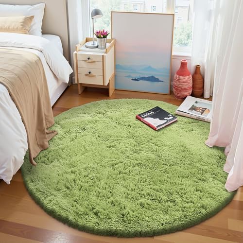 OLANLY Grass Green Round Rugs for Bedroom - Machine Washable, 9 ft Circle Area Rugs for Living Room, Soft and Fluffy