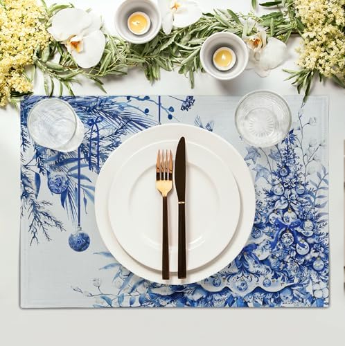 Blue and White Christmas Tree Placemats Set of 4, 12x18 Inch Chinoiserie Xmas Place Mats Winter Holiday Washable Linen Table Mats for Party Kitchen Dining Outdoor Indoor Decor