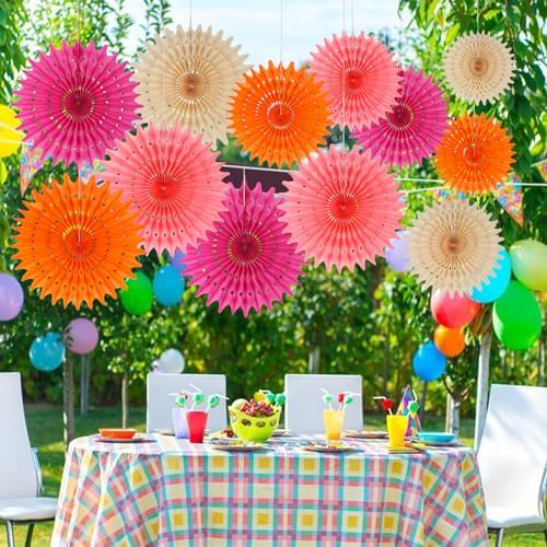 BestoFun 12PCS Paper Fans Peach and Hot Pink Party Decorations Tissue Paper Flowers Decorations for Girl Groovy Birthday Baby Shower Wedding Bachelorette Room Wall Hanging Décor