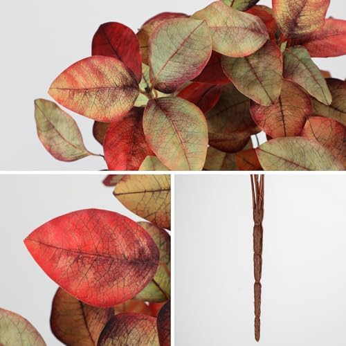 Briful 3 PCS Fall Leaves Artificial Magnolia Leaf Bush, 15" Autumn Fake Greenery Picks for Vase Floral Arrangement Kitchen Table Home Fall Decoration