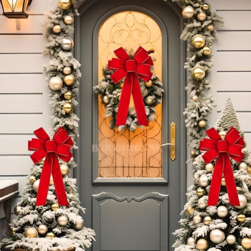 2 Pcs Large Christmas Bow, 31" x 11" Golden Edged Red Velvet Wreath Bow