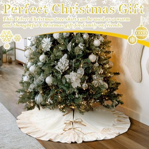 Velvet Christmas Tree Skirt, 48 Inches, Bow Style, Ivory White
