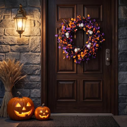 Halloweeen Wreath with White Skull 22 Inch Halloween Wreaths for Front Door with Black Eucalyptus Leaves White Skull Orange Berries for Window Porch Indoor Party Holiday Wall Home
