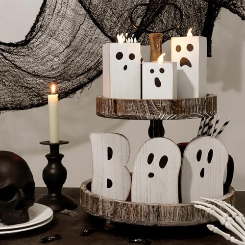 Halloween Table Decorations Indoor: 3pcs Farmhouse Halloween Cute Ghost Decorations, Mini Black White BOO Wood Plank Signs, Rustic Tiered Tray Decor Wooden Ghost Desk Office Decor for Home Kids