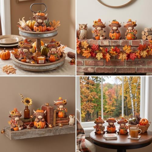 Simgoing 3 Pcs Happy Fall Highland Cow Figurines Pumpkin and Sunflower Cow