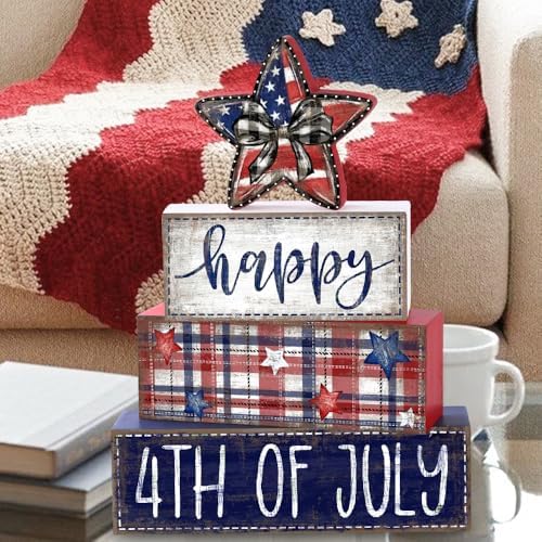 DIYDEC 4Pcs Memorial Day Table Decor 4th of July Patriotic Wood Signs Independence Tiered Tray Decor America Red Blue Centerpieces Signs for Farmhouse Holiday Tabletop Home Party Decoration