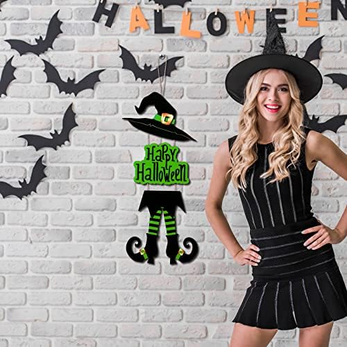 Yerliker Happy Halloween Sign Decoration Green Wooden Witch Hanging