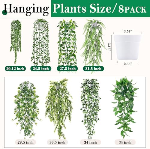 Der Rose 8Pcs Fake Hanging Plants with White Pots for Fuller Shelf Decor
