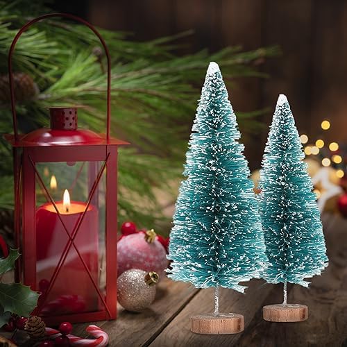 8pcs Mini Christmas Tree, Artificial Bottle Brush Trees with Wood Base, Tabletop Miniature XmasTrees with 4 Small Christmas Wreath, Fake Xmas Tree Ornament, White Christmas Tree for Christmas Décor