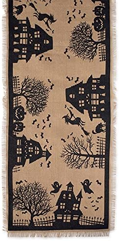 DII Halloween Primitive Style Burlap Tabletop Décor, Spooky Haunted House Jute, Table Runner, 14x113, Black & Tan