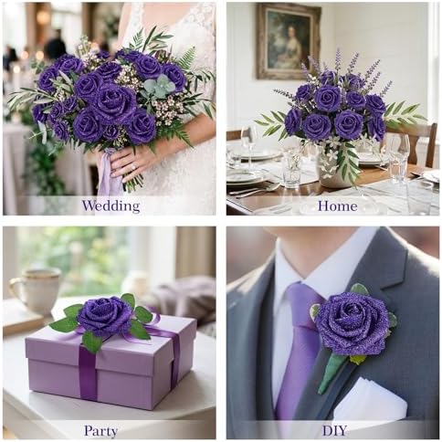 30PCS Purple Glitter Artificial Roses with Stems, Real Touch Foam Flowers