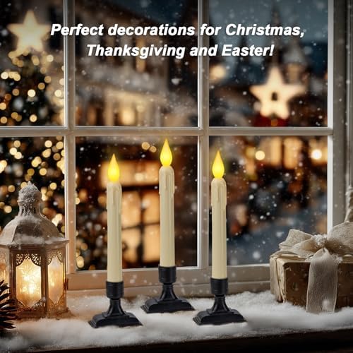 6 Pcs Sensor Dawn to Dusk Window Candles, Flickering Battery Candles for Windows, Ultra Bright Fake Candle Lights with Black Holders, Led Candlesticks for Xmas Home Decor, Warm Yellow Light