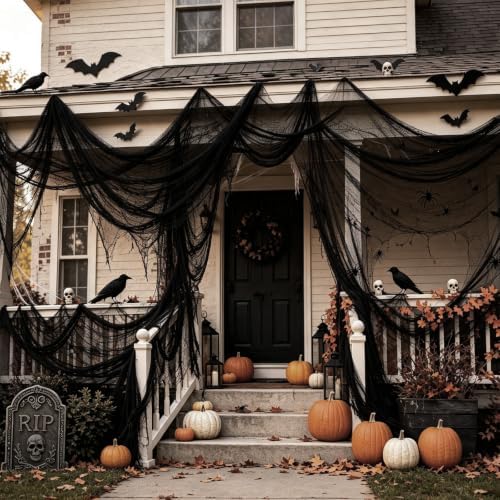 8 Pack Halloween Black Gauze Wall Decor,Outdoor Halloween Fake Spider Web Decorations Webbing,Cobwebs Mesh Spooky Fabric,30X72 in Black Cheesecloth for Haunted House Indoor Creepy Cloth (8, Black)