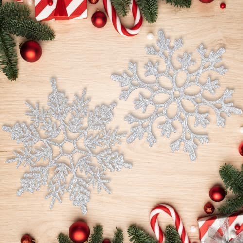 12pcs Large Silver Snowflakes Ornaments 12” Big Plastic Glitter Snowflake for Winter Indoor Outdoor Christmas Tree Window Room Decorations Giant Craft Snowflakes