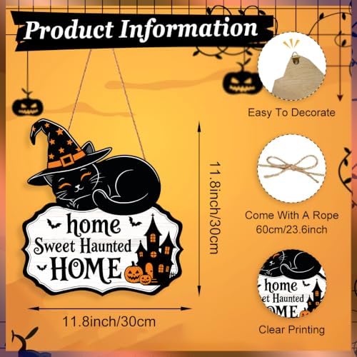 Halloween Decoration Wreath for Front Door Wooden Black Cat Door Decor