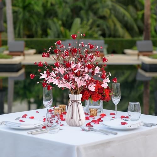 Valentine’s Day Gifts 12 Pcs Heart Shaped Berry Picks Artificial Red Heart Berry Twigs Forsythia Stem Branches with Pink Flowers for Valentine’s Day Anniversary Flower Bouquets Wedding Home Decor