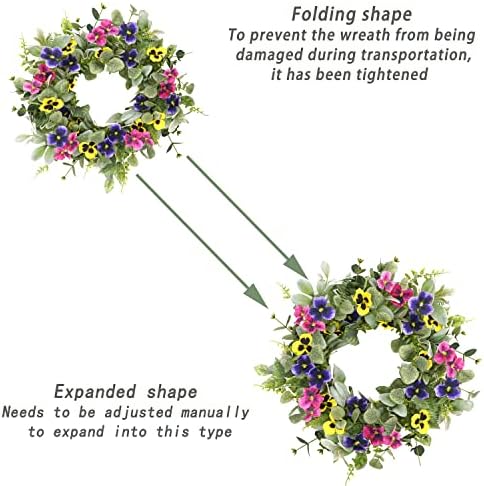 Artificial Spring Summer Wreath with Pansy Flowers,Flocked Lamb Ear Leaves,Eucalyptus Leaves,Fern Branches for Front Door Indoor Outdoor Farmhouse Wall Holiday Decor, White Gift Box Included