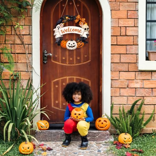 Halloween Welcome Wreath for Front Door Wooden Pumpkin Ghost Door Decor