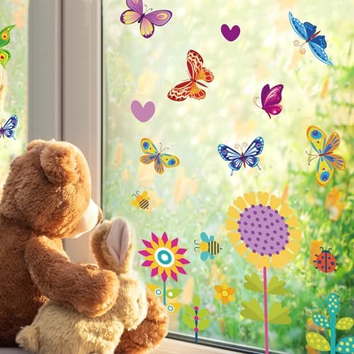 ROROP 107PCS Spring, Summer & Fall/ Winter Window Clings - Spring Flowers, Butterfly & Others - Decals Sticker Set