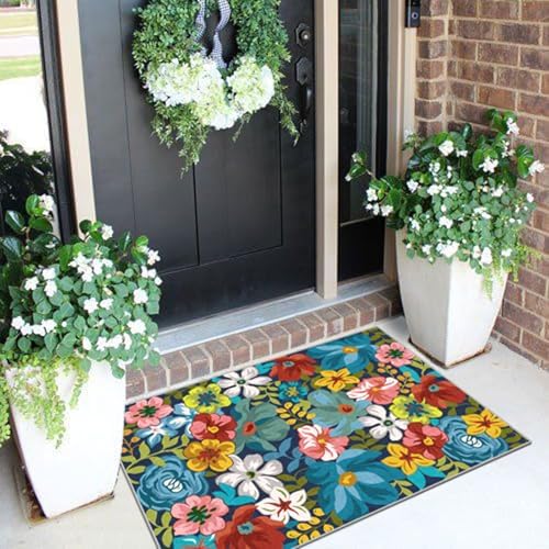 Front Door Mat Outside Entrance - 2x3 Colorful Botanical Floral Rug