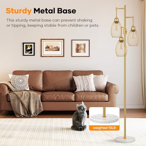 Dimmable Floor Lamp,3x800LM LED Bulbs Included, Farmhouse Industrial Floor Lamp Standing Tree Lamp with Teardrop Cage