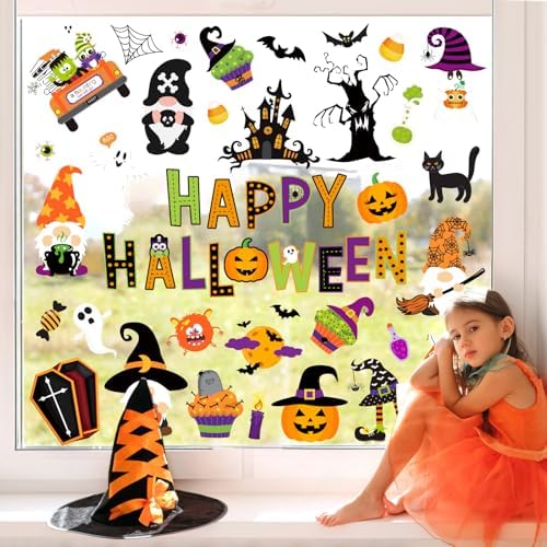 Whaline 9 Sheets Happy Halloween Window Cling Stickers Cartoon Pumpkin Ghost Gnome Window Decals Cute Reusable Decoration for Halloween Holiday Party Home Classroom