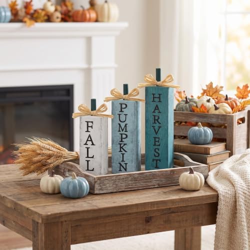 Redbaker 3 Pcs Blue Fall Pumpkin Decor, Wood Fall Decorations for Home