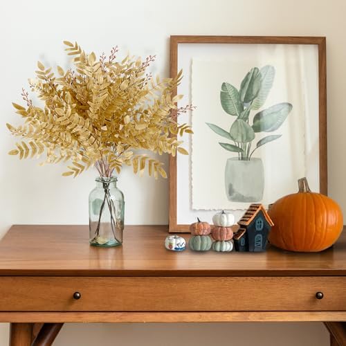 Sggvecsy 4 Pack Artificial Fall Greenery Stem Autumn Faux Flowers Autumn Faux Plants Silk Fall Shrubs Bushes Fall Leaves Stem for Indoor Home Table Centerpieces Thanksgiving Decoration(Dark Yellow)