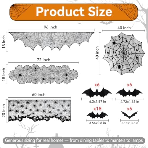 5-in-1 Halloween Decorations Kit, Black Lace Spiderweb Tablecloth, Bats Set