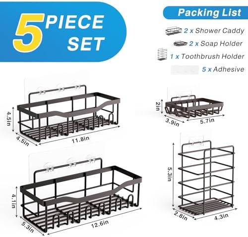 5-Pack Shower Caddy, No Drill Adhesive Shower Organizer, Rustproof Stainless Steel Bathroom Organizer, Space-Saving