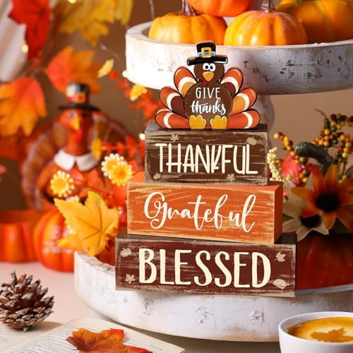4 Pcs Fall Thanksgiving Decor for Home Funny Turkey Wooden Signs with Hat