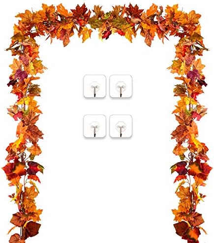 DearHouse 2 Pack Fall Garland Maple Leaf, 5.9Ft/Piece Hanging Vine Garland Artificial Autumn Foliage Garland Thanksgiving Decor for Home Wedding Fireplace Party Christmas (Orange)