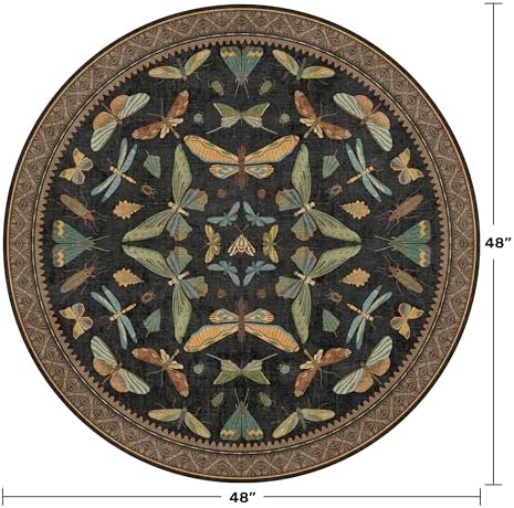 Black Boho 4ft Round Small Rugs for Entryway Non Slip - Washable Insect & Floral Rug for Living Room, Kitchen, Low Pile